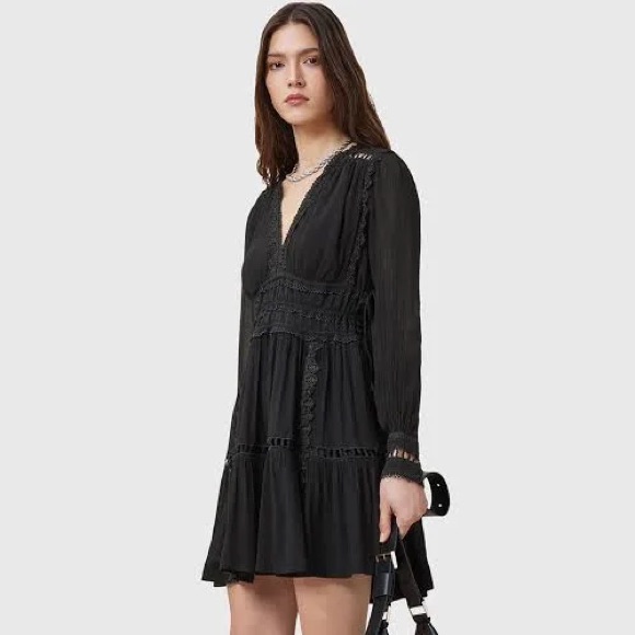 All Saints | Women's Xanthe Lace-Trimmed Long Sleeve Mini Dress Us Size 6